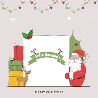Doodle-stil santa claus holding card frohe weihnachten mit rentier, geschenkboxen auf beige hintergrund.