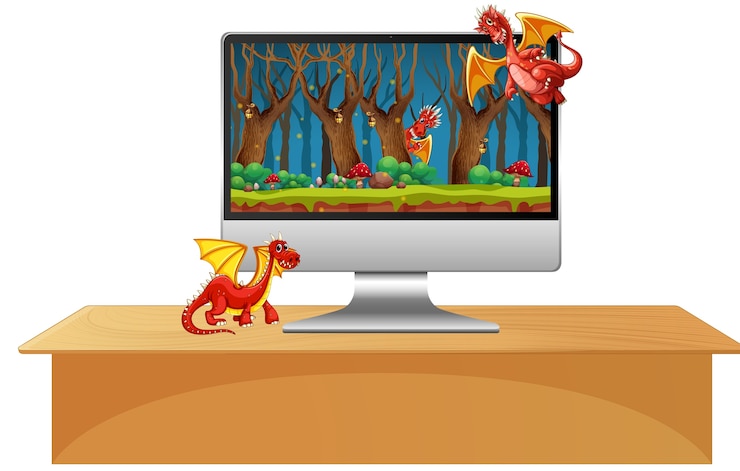 Kostenlose Vektor drache auf dem computer-desktop-bildschirm