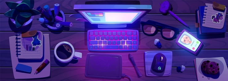 Kostenlose Vektor draufsicht auf den designer-arbeitsplatz bei nacht. vektor-cartoon-illustration eines aufgeräumten schreibtisches mit computer und zeichentablett. stapel von notizbüchern, haftnotizen, tasse kaffee und keksen, smartphone auf dem tisch
