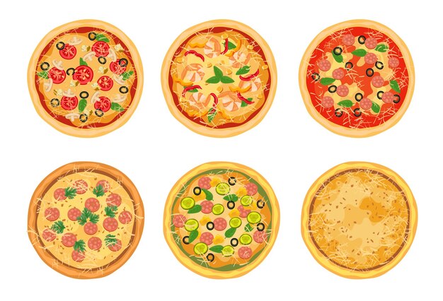 Draufsicht auf verschiedene Pizza-Illustrationen