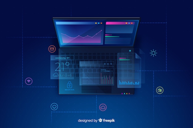 Kostenloser Vektor draufsichtlaptop-technologiehintergrund der steigung