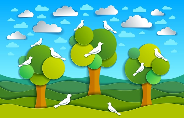 Drei bäume mit vögeln auf dem gebiet der malerischen naturlandschaft der karikatur im modernen stil papierschnitt-vektor-illustration.