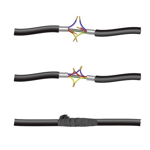 Drei beschädigte und reparierte elektrische kabel realistischer satz isolierte vektorillustration