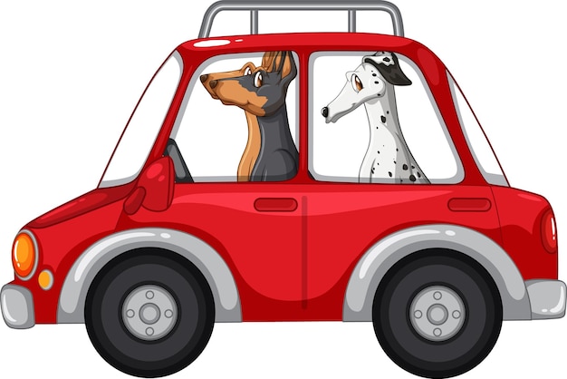 Kostenloser Vektor drei hunde, die im roten auto fahren