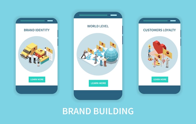 Kostenloser Vektor drei isometrische app-bildschirme mit branding-konzepten