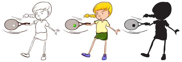 Kostenloser Vektor drei skizzen eines tennis spielenden mädchens