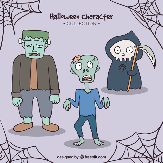 Drei typische Charaktere von Halloween in handgezeichneten Stil