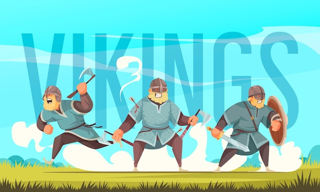 Drei wikinger, bewaffnet mit holzschild-schlachtäxten und schwert-cartoon-titelkopf-schriftzug-illustration