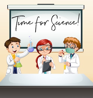 Drei wissenschaftler im labor mit phrasenzeit für wissenschaft