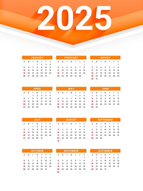 druckbare 2025 jährliche Kalendervorlage Woche beginnt Sonntag