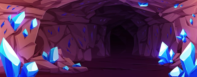 Kostenloser Vektor dunkle höhle mit blauen edelsteinen an den wänden vektor-cartoon-illustration eines unterirdischen minen-tunnels mit funkelnden diamantsteinen felsigen mineralien stalaktiten im kerker schatzsuche spielhintergrund