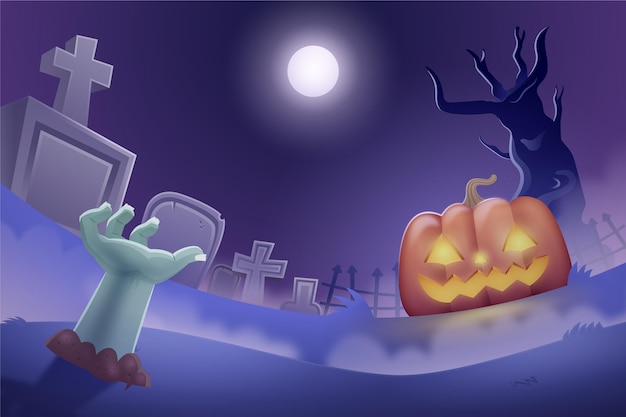 Dunkler Halloween-Hintergrund mit Friedhof und unheimlichem Kürbis