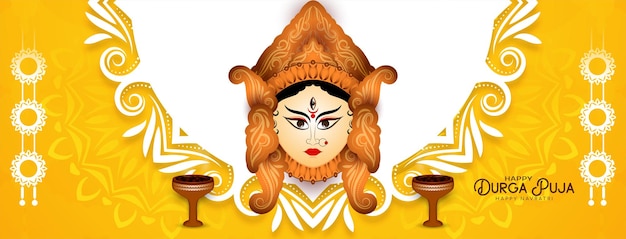Durga puja und happy navratri festival banner mit dem gesicht der göttin durga