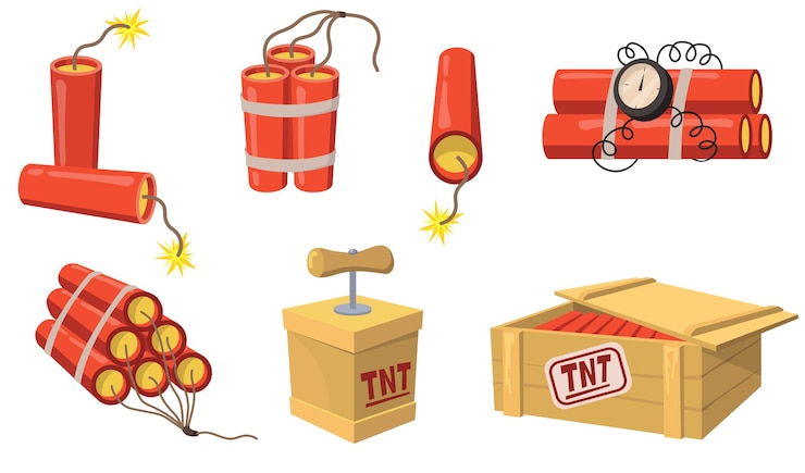 Kostenlose Vektor dynamit-flat-set im alten stil für das webdesign. karikaturzünder und tnt laden isolierte vektorillustrationssammlung auf. bergbau- und baukonzept