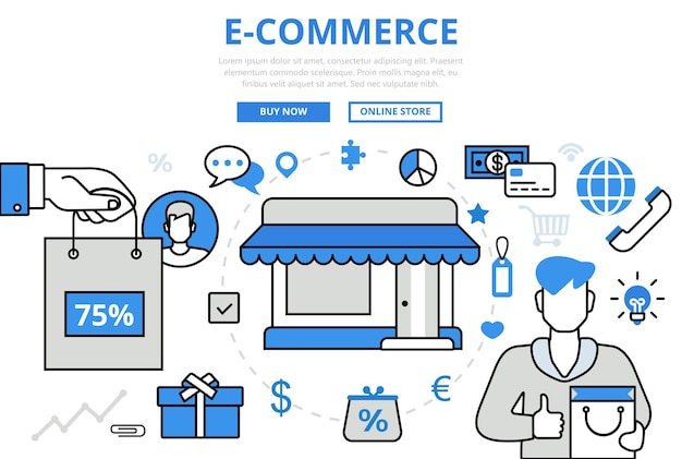 E-Commerce elektronischer Verkauf Shop einkaufen Geschäftskonzept flache Linie Kunst Ikonen.