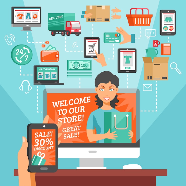 Kostenlose Vektor e-commerce und einkaufsabbildung