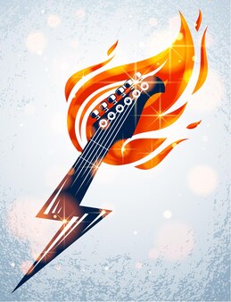 E-gitarrenkopfplatte in flammen in form eines blitzes, heiße rockmusikgitarre in flammen und bolzen, hard rock oder rock and roll konzert- oder festivallabel, nachtclub-live-show, vektorlogo.