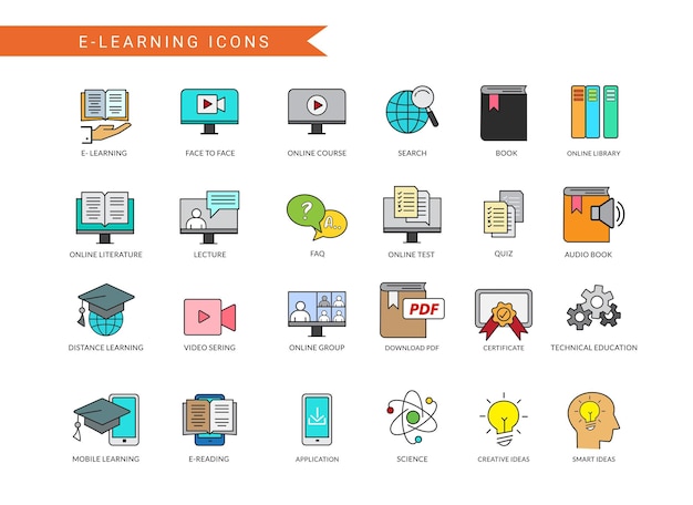 E-learning-icon-vektorset e-learning-studiensymbole mit pädagogischer sammlung von buchcomputern