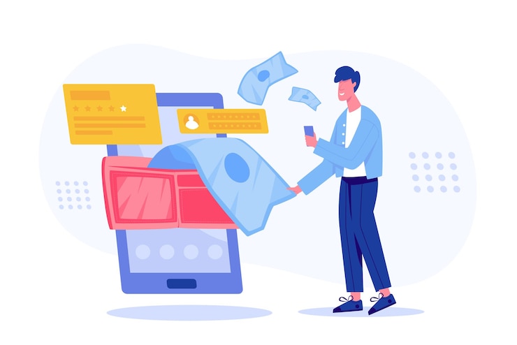 Kostenlose Vektor e-wallet-geldüberweisungskonzept. mobile wallet internet-banking, e-wallet und kreditkarte oder mobile app für buchhaltung und investitionen sichere online-transaktion im internet. vektorillustration