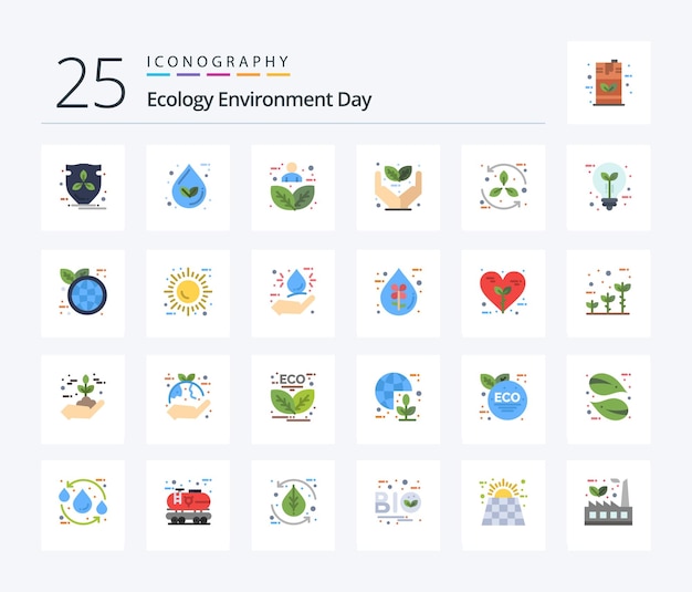 Ecology 25 flat color icon pack einschließlich pflanzenöko-wasserwachstum natur