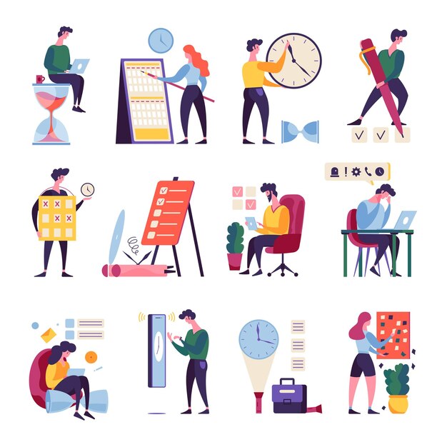 Effektive Zeitmanagement-Symbole lustige Zeichentrickfiguren, die Aktivitäten planen, die Projekte verfolgen, die Uhrzeiger halten, stellen Vektorillustration ein