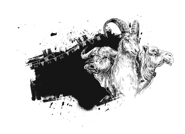 Eid Al Adha Schaf Büffel Kamel Opferfest Handgezeichnete Skizze Vektor-Illustration