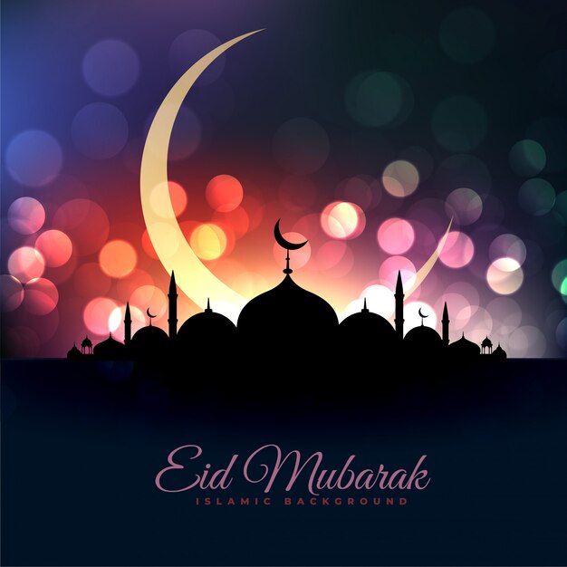 Eid al Fitar schöne Moschee und Mond Bokeh Gruß