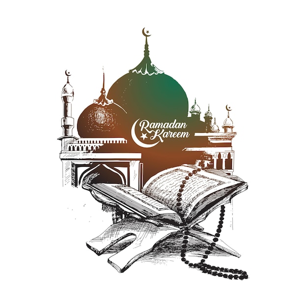 Eid Mubarak Das Heilige Buch des Korans auf dem Stand Handgezeichnete Skizze Vektorillustration