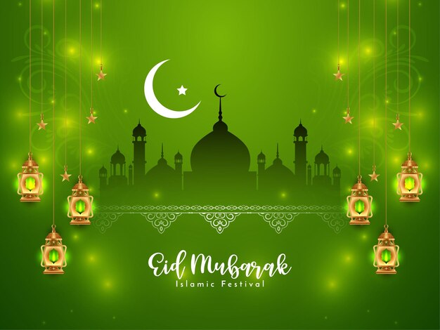 Eid Mubarak Festival glänzend grün glänzend Moschee Hintergrund Design Vektor