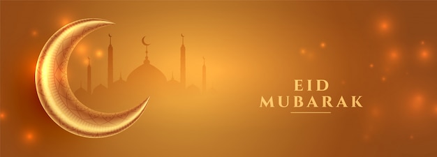 Eid mubarak goldenes banner mit mond und moschee