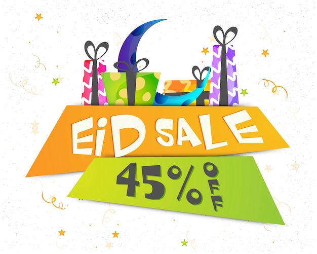 Eid sale und discount papier banner design. kreativer hintergrund mit bunten geschenk-boxen, große halbmond und sterne dekoration.