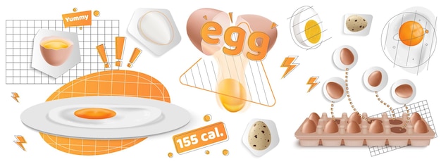 Eier kochen abstrakte bilder der realistischen collagenzusammensetzung mit eiern in form von planeten auf gittervektorillustration