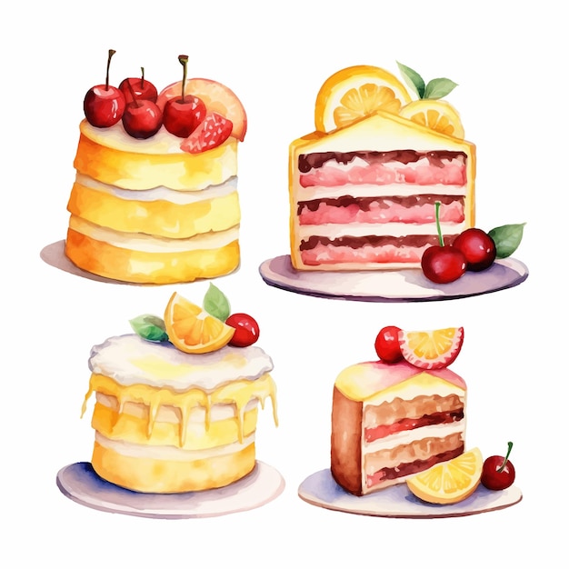 Ein aquarell-clipart-set aus kuchen und kuchenscheiben, zitrone, erdbeere und kirsche