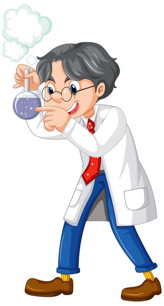 Ein Chemiker, der Becher auf weißem Hintergrund hält