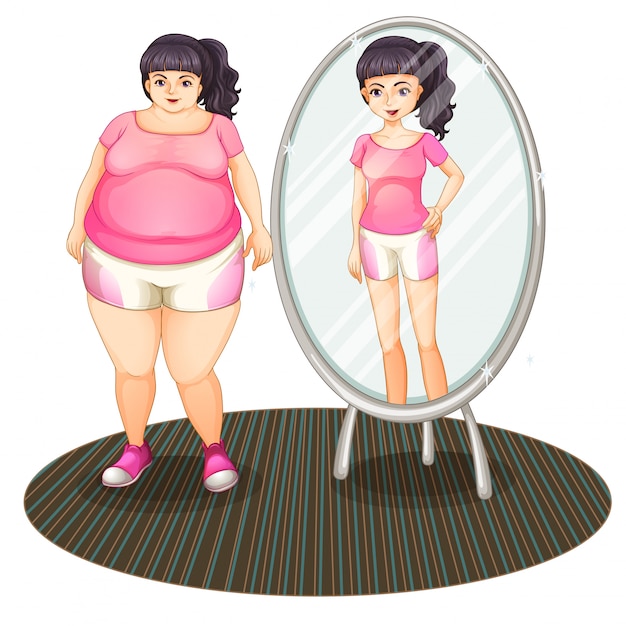 Ein dickes Mädchen und ihre schlanke Version im Spiegel