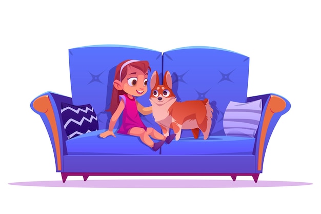 Ein glückliches Mädchen mit einem Hund auf der Couch