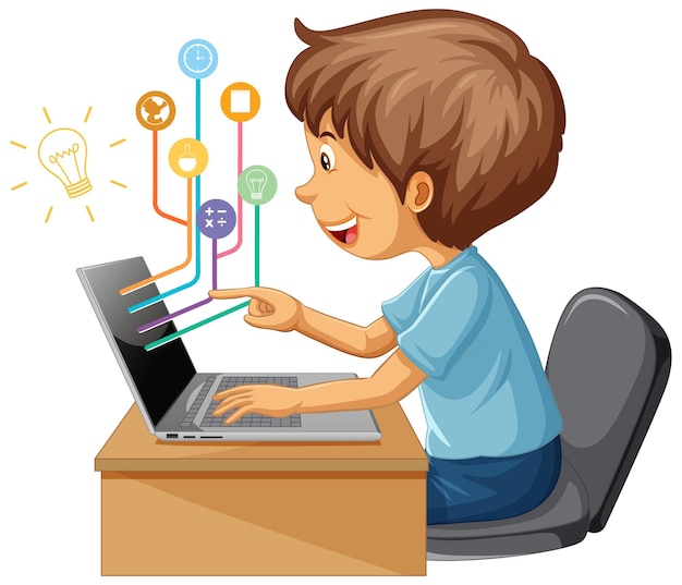 Ein junge, der einen laptop für den online-fernunterricht verwendet