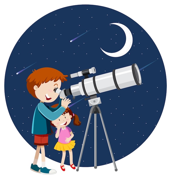 Kostenloser Vektor ein junge, der nachts durch ein teleskop schaut