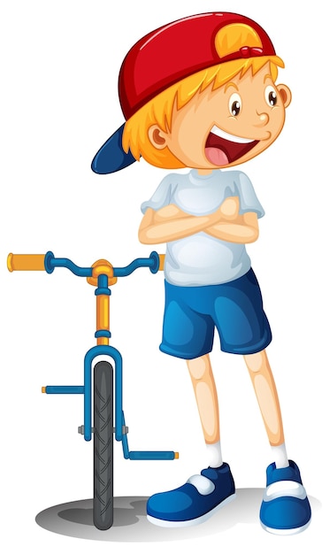 Ein junge mit seiner fahrrad-cartoon-figur auf weißem hintergrund