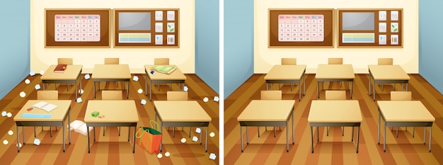 Ein klassenzimmer vor und nach der reinigung