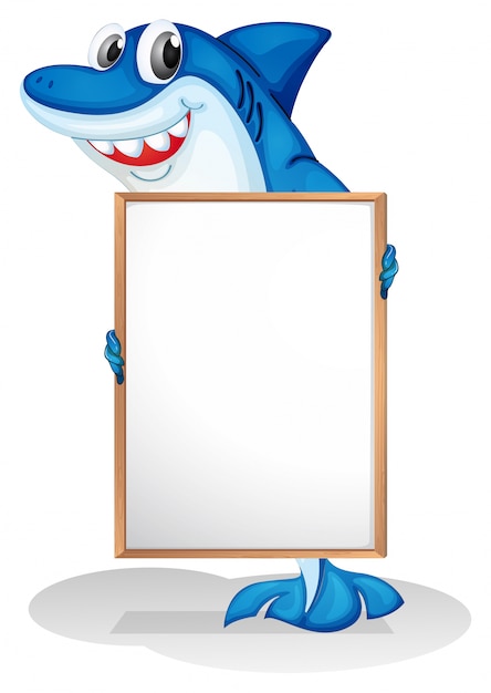 Ein lächelnder Haifisch, der ein leeres whiteboard anhält
