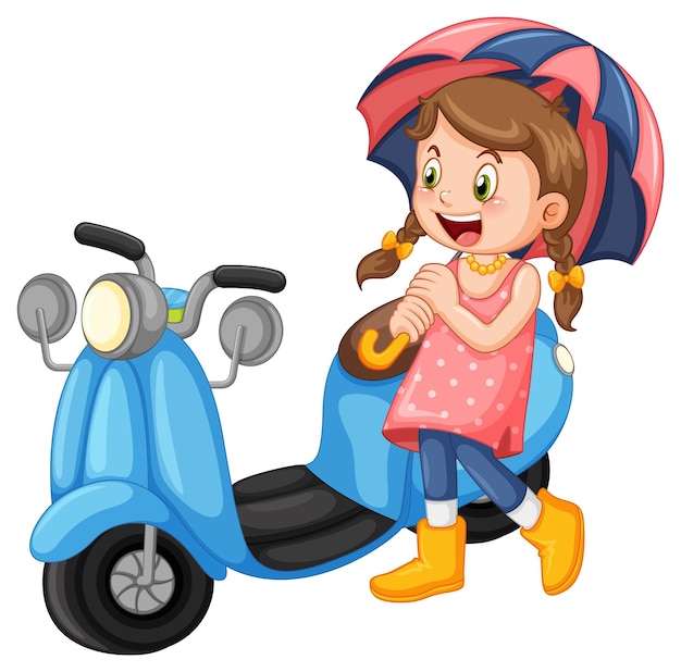 Ein Mädchen, das einen Regenschirm hält, der neben einem Motorrad steht