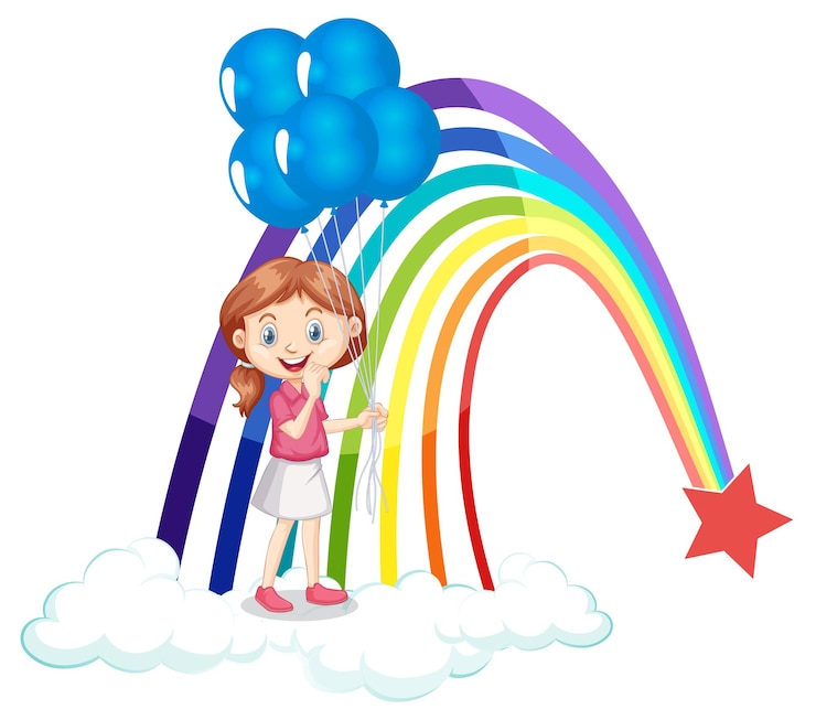 Kostenlose Vektor ein mädchen, das luftballons mit regenbogen hält