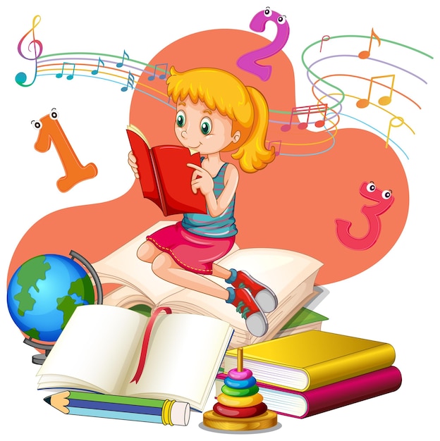 Ein Mädchen liest Bücher auf einem Stapel Bücher