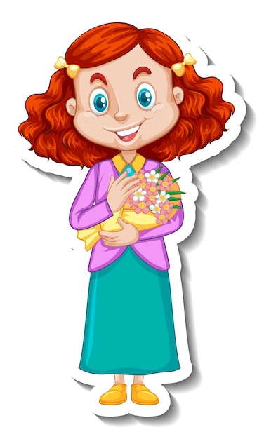 Ein mädchen mit blumenstrauß-cartoon-figur