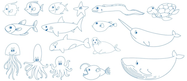 Kostenloser Vektor ein papier mit einem doodle-design der verschiedenen meeresbewohner mit