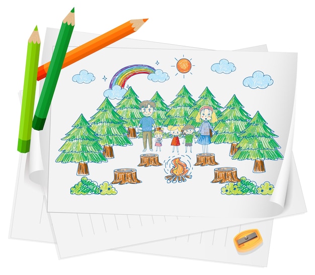 Kostenloser Vektor ein papier mit einem doodle-skizzendesign mit farbe und farbstift