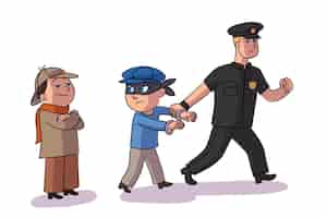 Kostenloser Vektor ein polizist verhaftete einen maskierten teenager, einen detektivjungen im sherlock-holmes-anzug, der stehend und lächelnd stand
