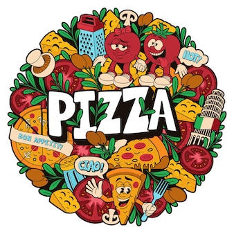 Ein rundes doodle-muster für ein pizzeria-thema