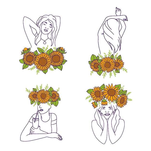 Ein set doodle sonnenblumen und frauen die blumenmädchen im linienkunststil